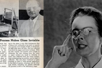 Izquierda: noticia sobre el cristal invisible publicada en la revista Mechanix Illustrated (1939). Derecha: Blodgett realizando una demostración del cristal invisible con sus propias gafas, en una película divulgativa sobre química de superficies realizada por General Electrics (1939)